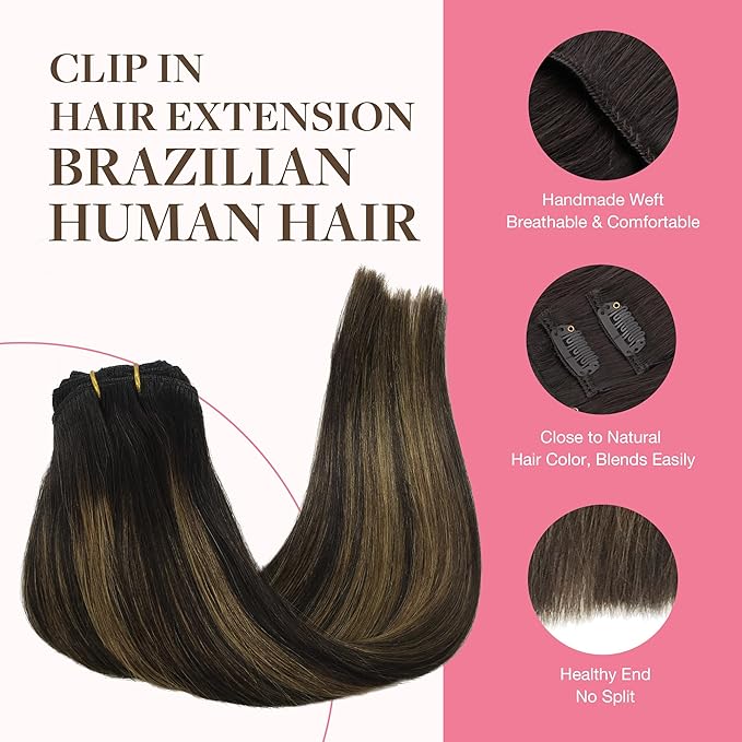 GOO GOO Clip in Hair Extensions Real Human Hair, Remy Human Hair Extensions Clip ins for Women, Natural Human Hair, 16inch 150g 9Pcs, 1B/6/1B Balayage Natural Black to Chestnut Brown