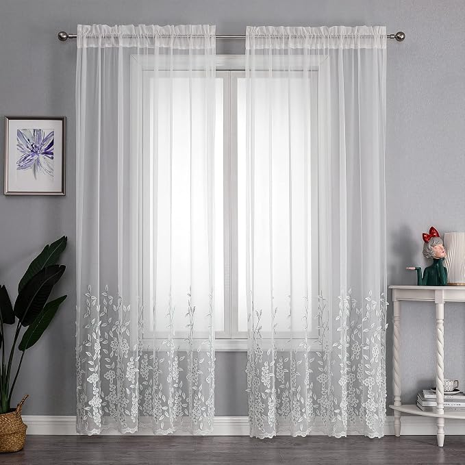White Sheer Voile Curtains White Embossed Leaves 54Wx84L Inch | Light Filtering - Image 4