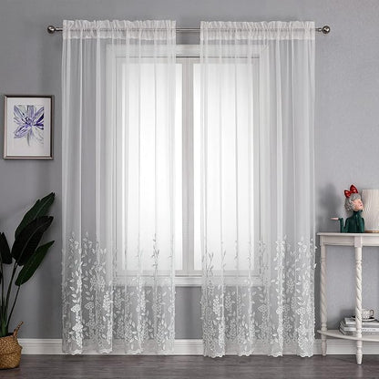 White Sheer Voile Curtains White Embossed Leaves 54Wx84L Inch | Light Filtering - Image 4