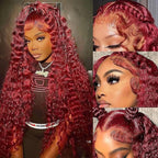 BVLBVL 34 Inch 99j 13x6 HD Lace Front Wigs Human Hair 250% Density Deep Wave Lace Front Wigs Pre Plucked Burgundy Wig Human Hair Wet And Wavy No Tangle No Shedding Triple Lifespan 3x