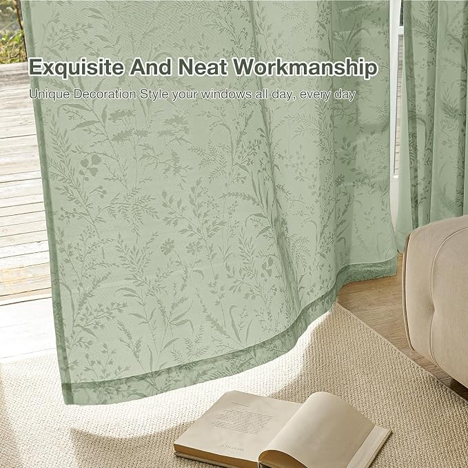 Anmao Sage Green Semi Sheer Light Filtering Curtains 54 Inches Long 2 Panels - Image 7