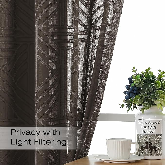 Simplebrand Chocolate Semi Sheer Curtains 54 Inch Length 2 Panels, Geometric - Image 2