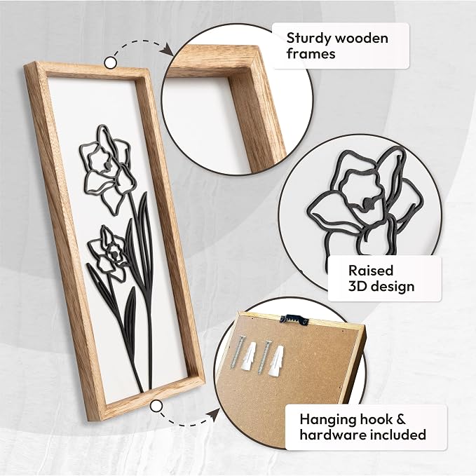 3D Black and White Wall Art Lightweight, Wooden Ready-to-Hang Framed Floral - Image 5