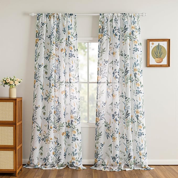 MYSKY HOME Yellow and Blue Sheer Floral Curtains 95 Inch Length 2 Panels | - Image 8