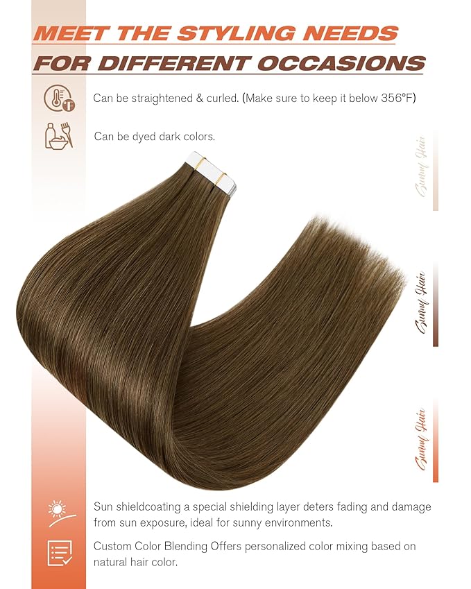 Sunny Hair Human Hair Tape in Extensions, Cool Brown Tape in Hair Extensions Human Hair 12 inch Straight Remy Tape in Human Hair Extensions 20Pcs 30g