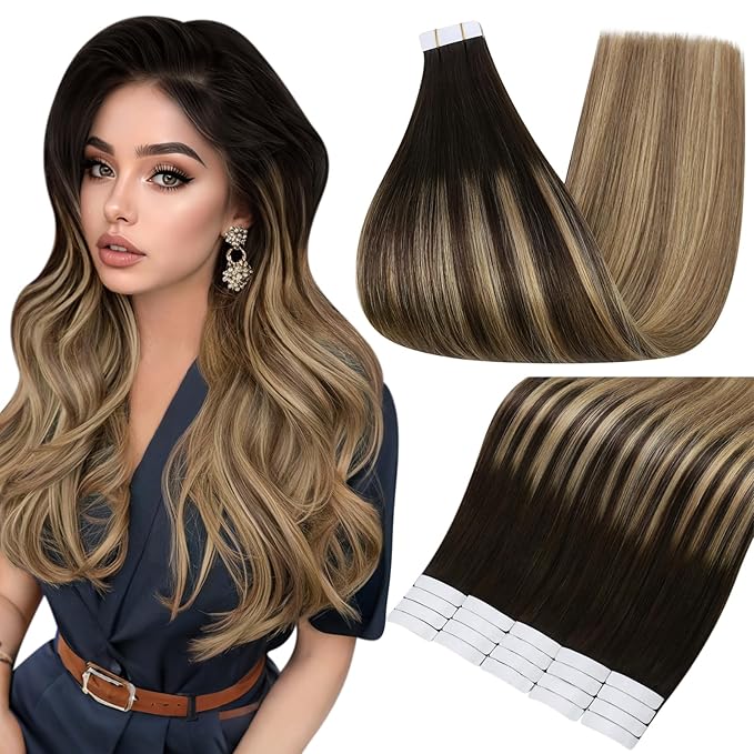 Full Shine Hair Extensions Tape in 50 Grams 16 Inch Color 2 Fading to 8 Brown and 27 Blonde Straight Natural Seamless Skin Weft Remy Tape Ins Human Hair Extensions 20PCS Soft and Silky Add Volume