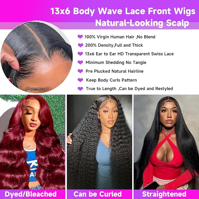 30 Inch 13x6 Body Wave Lace Front Wigs Human Hair 200 Density HD Lace Front Wigs Pre Plucked Brazilian Virgin Human Hair Wigs for Women Glueless Full Lace Frontal Wig Natural Black Body Wave Wig