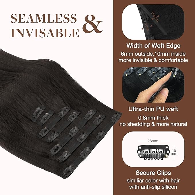 GOO GOO Clip in Hair Extensions Real Human Hair, Remy Human Hair Extensions Clip ins for Women, Natural Human Hair, 22inch 200g 9Pcs, #2 Dark Brown