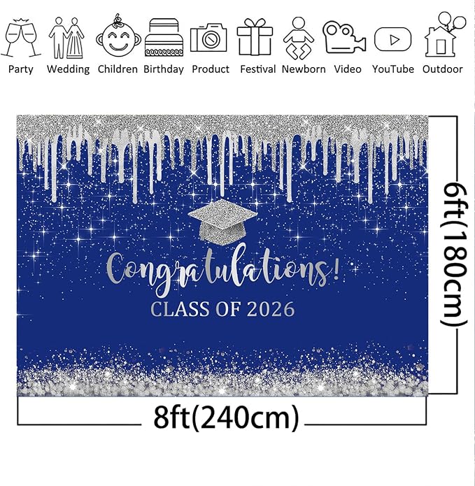 Mocsicka Blue and Sliver Graduation Backdrop Congratulations Class of 2026 - Image 5