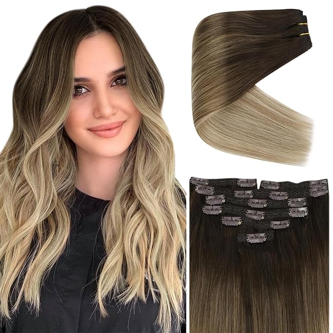 Ve Sunny Clip in Hair Extensions Ombre Dark Brown to Light Brown with Ash Brown Clip in Human Hair Extensions Invisible Clip in Extensions Balayage Dark Roots 24inch 7pcs 120g