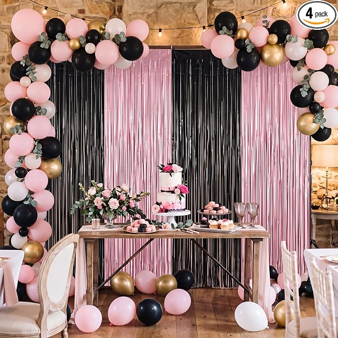 Frienda 4pcs Pink and Black Party Decorations 6.6ft Fringe Curtains Decorations by Frienda