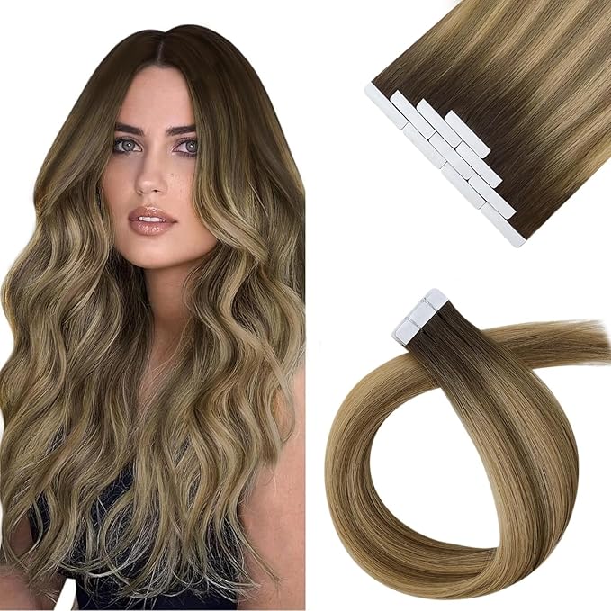 Sunny Hair Tape in Hair Extensions Human Hair 16 Inch Hair Extensions Real Human Hair Tape in Extensions for Women Dark Brown Ombre Brown Mix Caramel Blonde Virgin Hair Natural Straight 10Pcs 25g