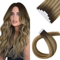 Sunny Hair Tape in Hair Extensions Human Hair 22 Inch Hair Extensions Real Human Hair Tape in Extensions for Women Dark Brown Ombre Brown Mix Caramel Blonde Virgin Hair Natural Straight 10Pcs 25g