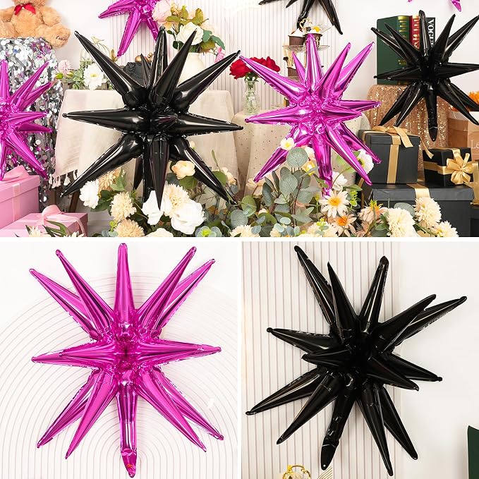 9Pcs Hot Pink and Black Star Balloons, Large Explosion Foil Balloons, Metallic - Image 6