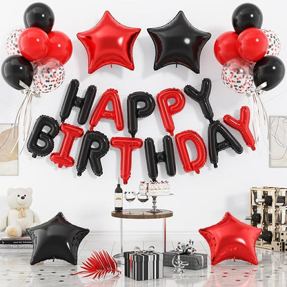 29PC Red Black Happy Birthday Balloon Banner, 16 Inch 3D Letter Banner Sign by Paready