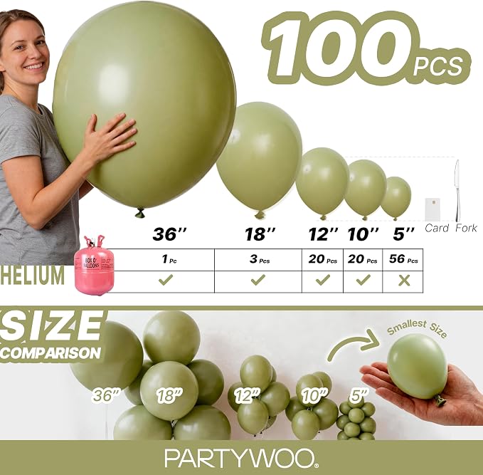 PartyWoo Sage Green Balloons 100pcs Olive Boho Green Color 36 Inch | 36 18 12 - Image 6