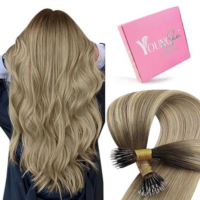 YoungSee Nano Ring Hair Extensions Brown Balayage Nano Beads Hair Extensions Human Hair Dark Brown Ombre Light Brown with Blonde Ombre Nano-Link Hair Extension Real Hair Cold Fusion 22inch 50s 50g