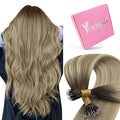 YoungSee Nano Beads Hair Extensions Human Hair Brown Ombre Blonde Nano Ring Hair Extensions 24inch Nano-tip Hair Extension Brown Balayage Blonde 50g for Weddings and Special Occasions