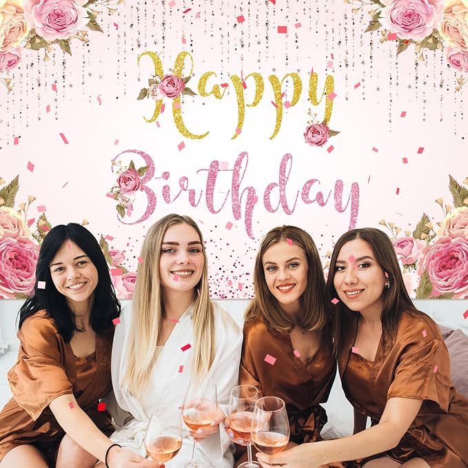 Happy Birthday Banner Pink Birthday Party Backdrop - Image 4