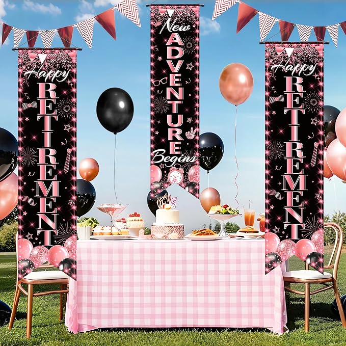 3Pcs Retirement Porch Sign Door Hanging Banner Rose Gold Happy Retirement - Image 2