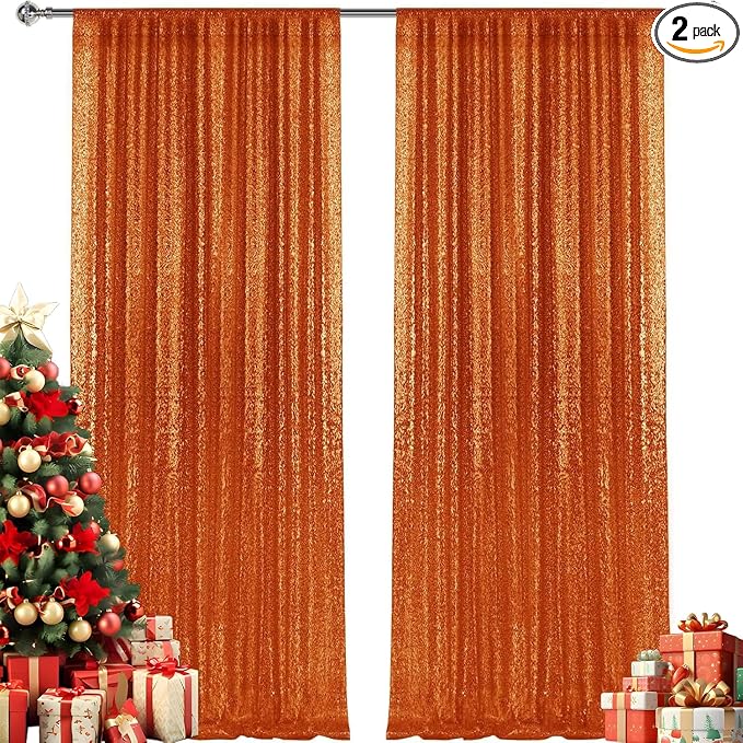 4×8FT-2PCS Orange Sequin Backdrop Curtains Panels, Photography Backdrop Glitter by Pufogu
