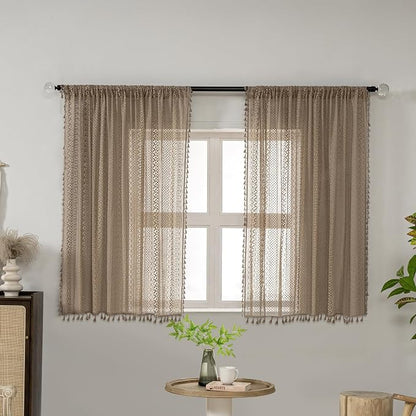 WAZZIO Boho Lace Curtains 45 Inches 2 Panel, Light Filtering Privacy Tassel & - Image 2