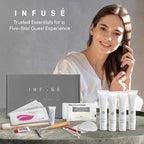 Infuse Amenity & Accessory Kit | 1 oz Travel Size Shampoo, Conditioner, Lotion, Body Wash, 2 Cleansing Bars, Shave & Dental Sets, Make-Up Remover Wipes, & Vanity Kit | 60 sets per case