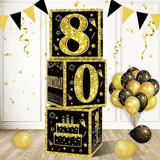 Eiurteao 3pcs Black Gold 80th Birthday Decorations Boxes by Eiurteao