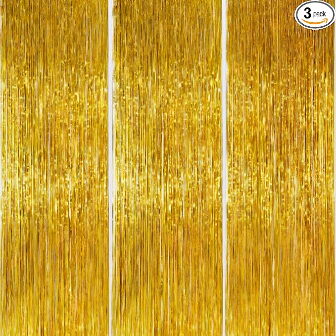 PartyWoo Gold Tinsel Streamers 8.2FT 3pcs Foil Fringe Curtain Backdrop | Gold by PartyWoo