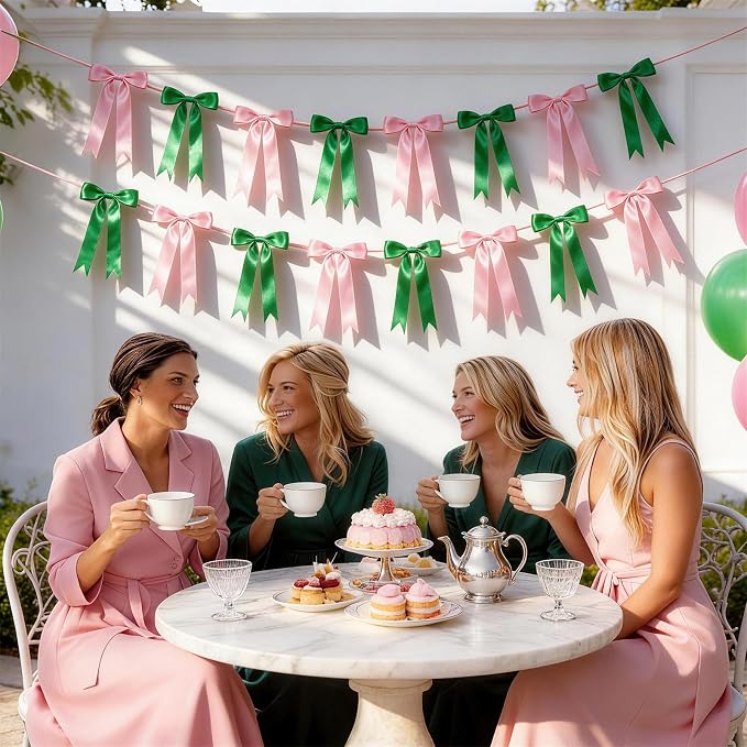 2 Strings Pink & Green Bow Garland Banner Decorations - Image 6