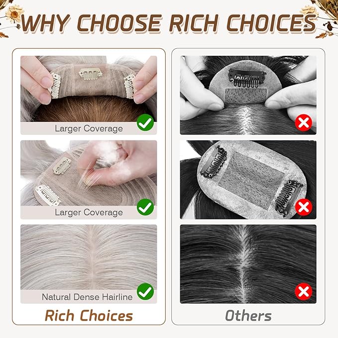 Rich Choices Real Human Hair Toppers for Women With Bang 100% Remy Human Hair Topper for Thinning Hair Clip in Silk Base Hair Topper 14 Inch GREY