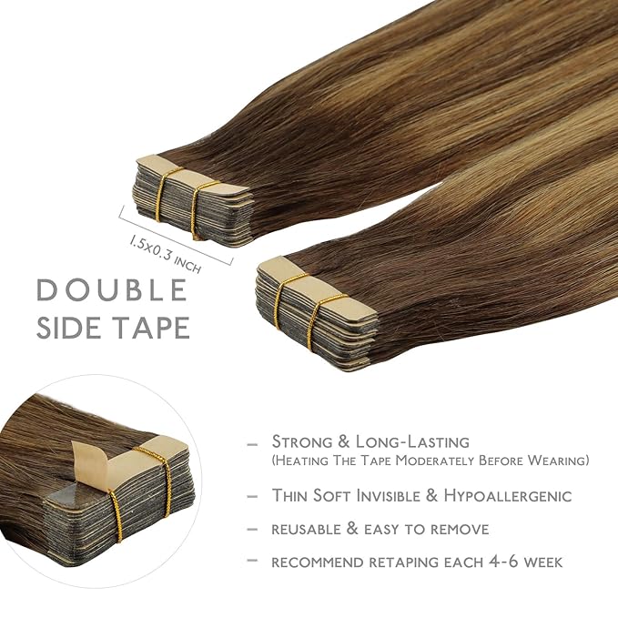 WENNALIFE Tape in Hair Extensions Human Hair, 20pcs 16 inch 50g Balayage Chocolate Brown to Caramel Blonde Remy Tape Hair Extensions Real Human Hair Tape Extensions Coloured Hair Extensions
