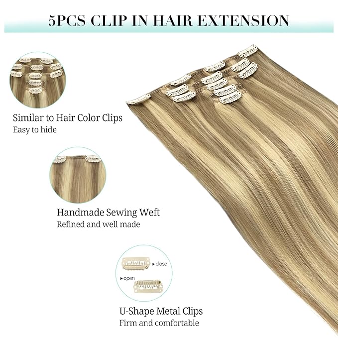 DOORES Clip in Hair Extensions Human Hair, 5pcs 75g Balayage Light Blonde Highlighted Golden Blonde 14 Inch Human Hair Extensions Clip in Remy Hair Extensions Straight Natural Hair