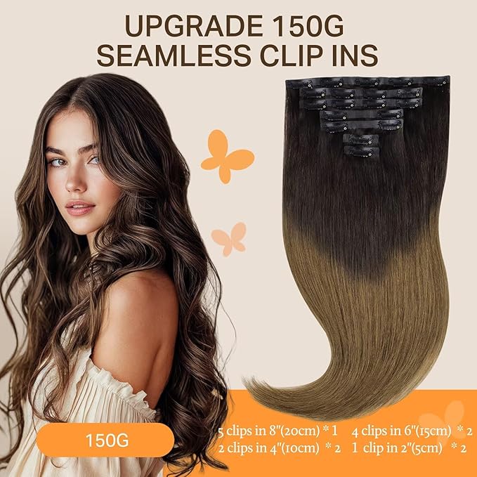 DOORES Hair Extensions Seamless Clip in Human Hair, Chocolate Dip Color Melt 7pcs 130g 16 Inch, Straight Hair Natural Remy Thick Hair Invisible Edge