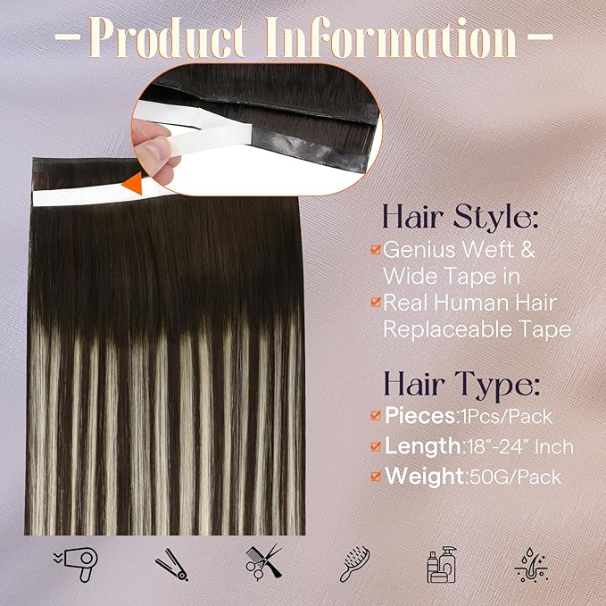 Full Shine Genius Weft Tape Weft Hair Extensions Color 2/60/2 Dark Brown Ombre Blonde And Brown 24Inch Long Wide Tape in Hair Extensions for Women 50G One Piece Full Head Bridal Hairstyles Soft