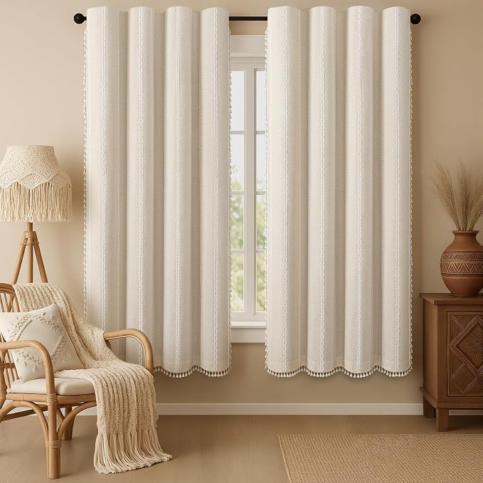 Boho 100% Blackout Curtains 72 Inch 2 Panels Linen Blend Beige | Vintage by Unknown