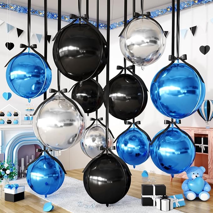 Black Blue Silver Round Foil Balloons by FEYG