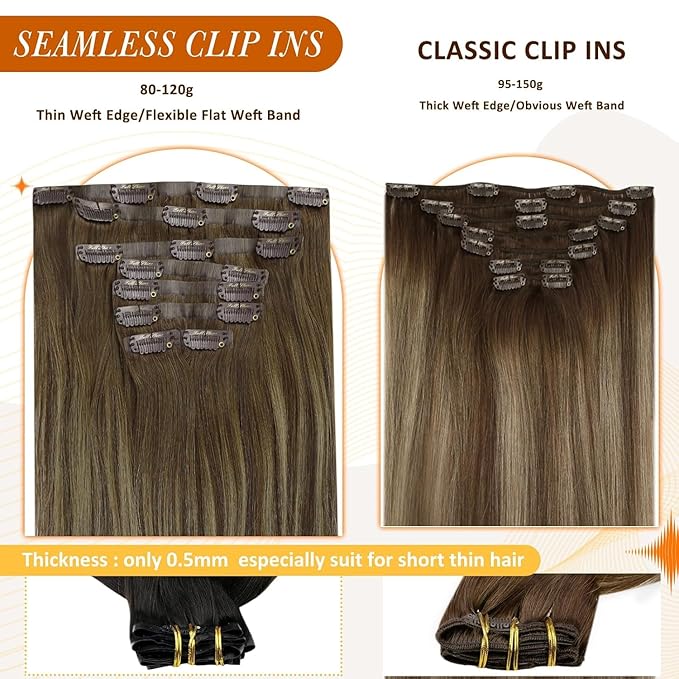 Full Shine Clip in Extensions Balayage Brown Seamless Hair Extensions Clip ins Medium Brown Ombre Honey Blonde Clip in Hair Extension Softness 16 Inch 8PCS 120G