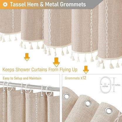 72 x 80 Boho Linen Heavy Duty Cloth Shower Curtain Set, Tan/Taupe | Long Size - Image 5