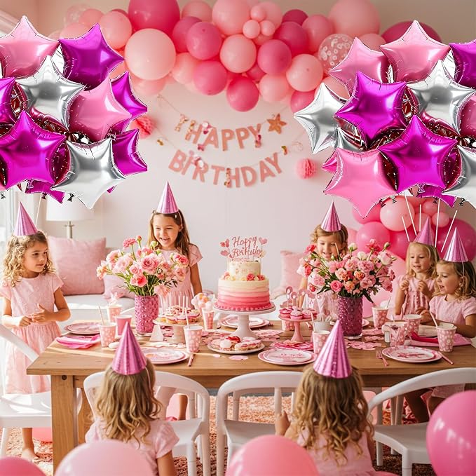 TONIFUL 15Pcs Star Balloons 18Inch Large Hot Pink Silver Pink Foil Balloons | - Image 5