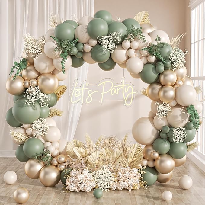 130Pcs Sage Green Gold Balloon Garland Arch Kit by Anjerlfu