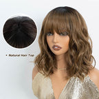 NOBLE Bob Wig with Bangs Short Wavy Wig for Women Ombre Light Brown Shoulder Length Wig Heat Resistant Synthetic Wigs for Daily Party Use 12 Inches