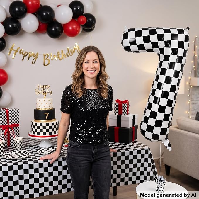 40" Checkered Number 7 Balloon for 7th Race Theme Birthday Party Supplies | 40 - Image 4
