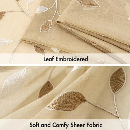 MIULEE Beige Sheer Curtains 2 Panels Embroidered Leaf Patterned, W52 x L84 | - Image 4