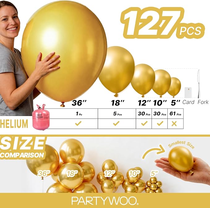 PartyWoo Gold Balloons 127pcs Different Sizes of 36 18 12 10 5 Inch | Balloons - Image 6
