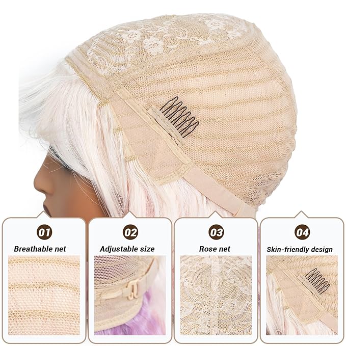 NOBLE Colourful Short Bob Wigs with Bangs for Women 3 Tone Ombre Pink root to Purple Color Short Wavy Bob Hair Wig Shoulder Length Synthetic Heat Resistant Bob Wigs