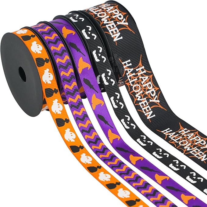 3/8 inch 1 inch Halloween Ribbon Set Spooky October Ribbon Assortment 5 Rolls by MEEDEE