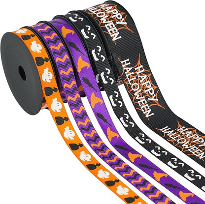 3/8 inch 1 inch Halloween Ribbon Set Spooky October Ribbon Assortment 5 Rolls by MEEDEE