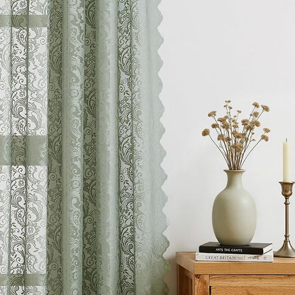 Bujasso Sage Green Lace Pinch Pleat Curtains 102 inch, Vintage Floral Sheer - Image 6