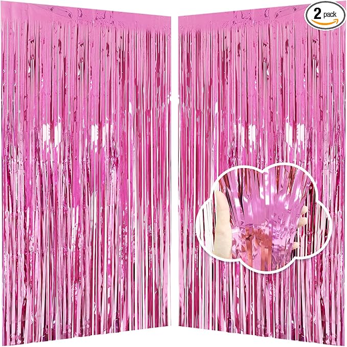 JINSUI Pink Fringe Backdrop 3.3x8.2ft, 2 Pack Foil Tinsel Curtains Decor | by JINSUI